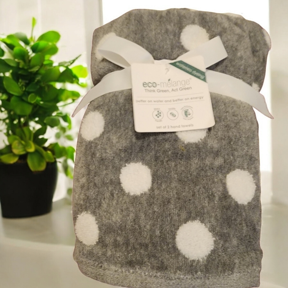 eco-melange Thick Gray White Act Green Cotton Dots Hand Towels Set 2-Piece